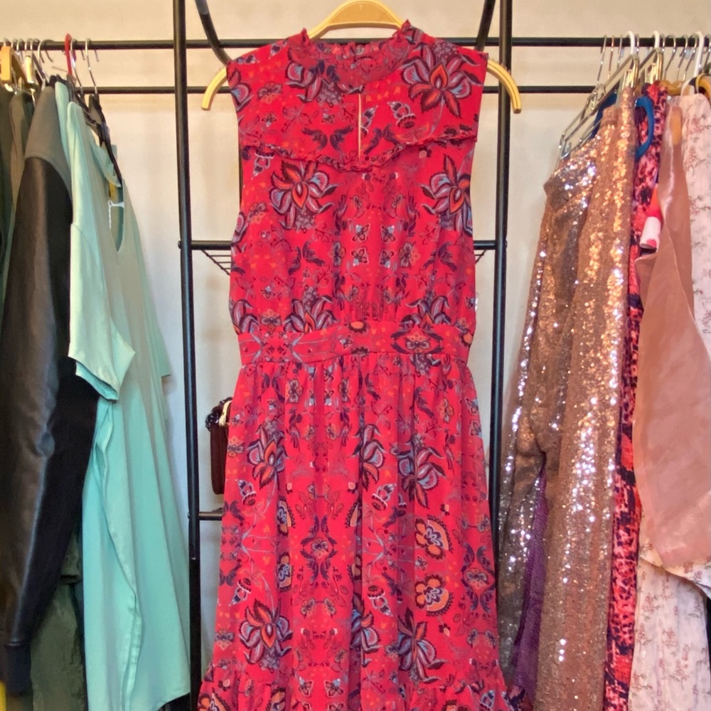 Sleeveless Red Blue Orange Prairie Styles MIDI Dress - Size Small NWOT